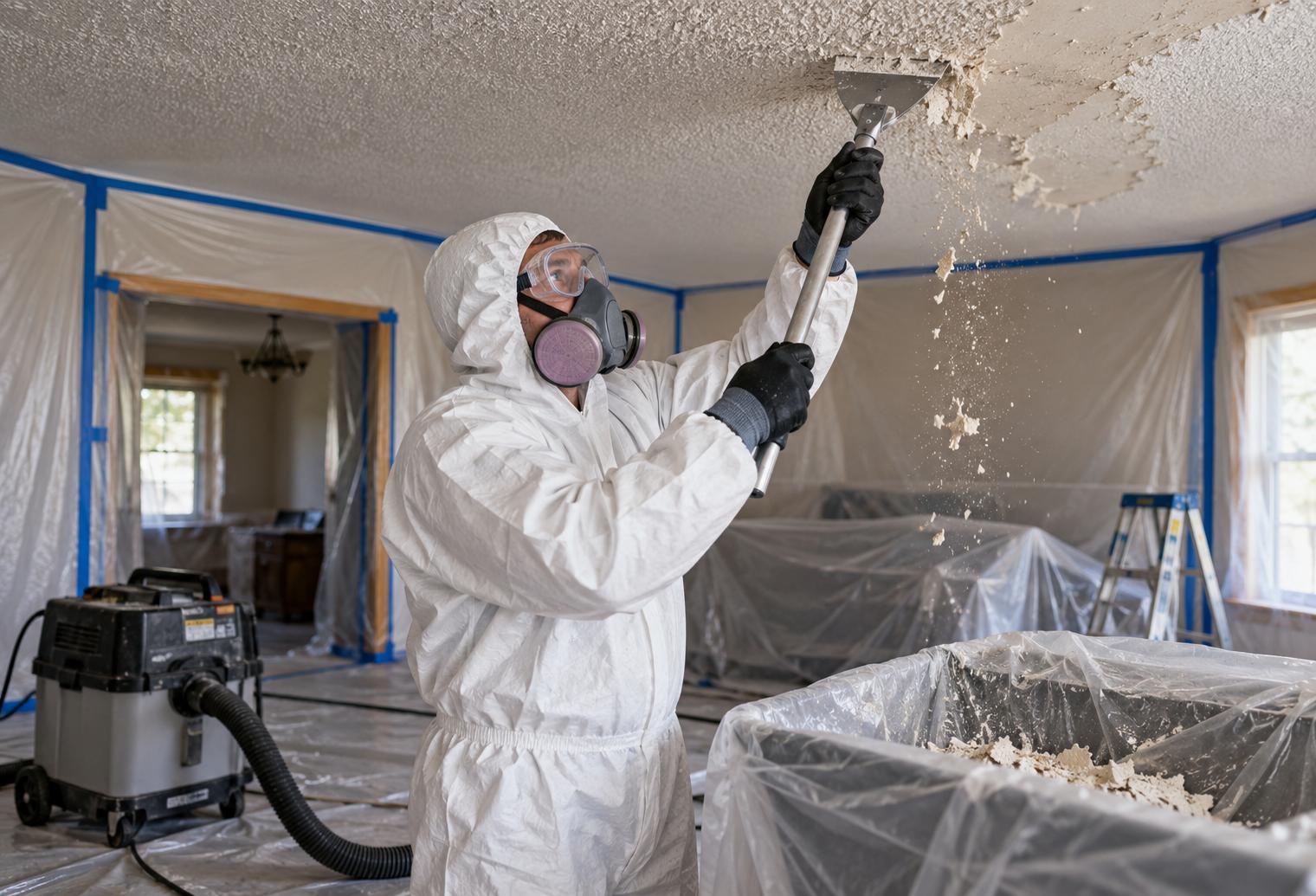Professional asbestos abatement worker wearing protective gear removing a popcorn ceiling in a Concord, NC home with plastic containment barriers and specialized equipment.